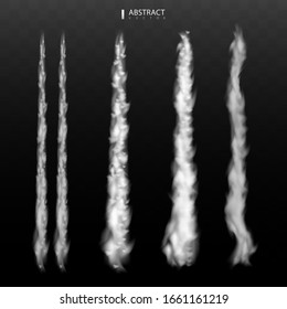 Foggy track of an airplane. Smoke from a rocket or aircraft launch. Condensation plane isolated on transparent background. Vector effect.