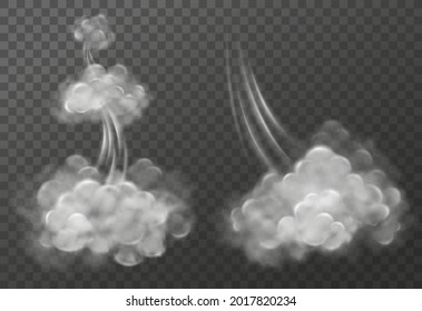 Foggy Trail From A Space Rocket Or Aircraft. Dynamic Effect Of Takeoff, Speed And Explosion. Isolated Clouds Of Smoke In Comic Style