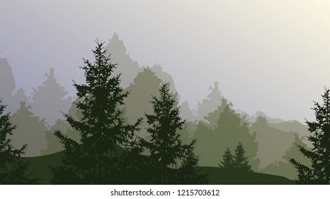 Foggy trees landscape background. Vector illustration