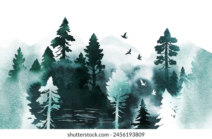 Foggy watercolor landscape with coniferous forest. Vector hand drawn illustration with mountains, fog, river, trees, birds and place for text. All elements, textures are individual objects