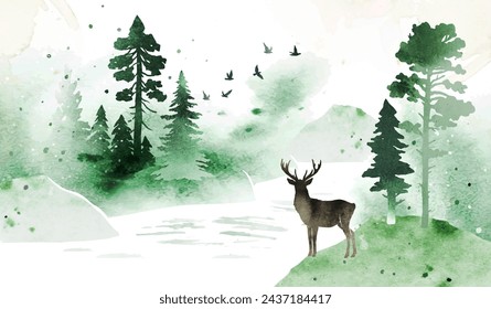 Paisaje vectorial de la acuarela de la niebla aislado en fondo blanco. Bosque de coníferas, río, ciervo, aves y siluetas de colinas. Silueta de árboles y animales