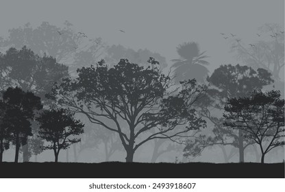 Foggy winter atmospheric scene black and white trees landscape vector illustration background wallpaper nature cover poster jungle forest woods birds sky silhouette background