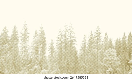 foggy winter landscape with snow covered pine trees on white background
