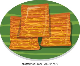 Foi Thong, Sweet egg floss vector illustration placed on a banana leaf on a white background