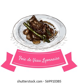 Foie de Veau Lyonnaise colorful illustration. Vector illustration of French cuisine.