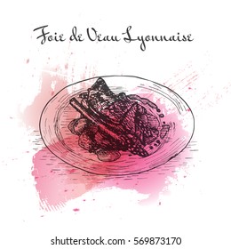 Foie de Veau Lyonnaise watercolor effect illustration. Vector illustration of French cuisine.