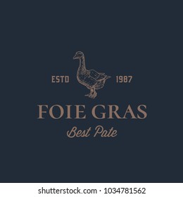 Foie Gras Goose Pate Abstract Vector Sign, Symbol or Logo Template. Hand Drawn Goose Sillhouette with Retro Typography. Vintage Luxury Vector Emblem. Isolated.