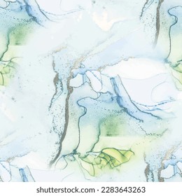 Foil Alcohol Ink Marble. Blue Oriental Watercolor. Copper Water Color Background. Gold Ink Paint. Fluid Seamless Repeat. Green Marble Background. Vector Abstract Template. Luxury Water Color Canvas.