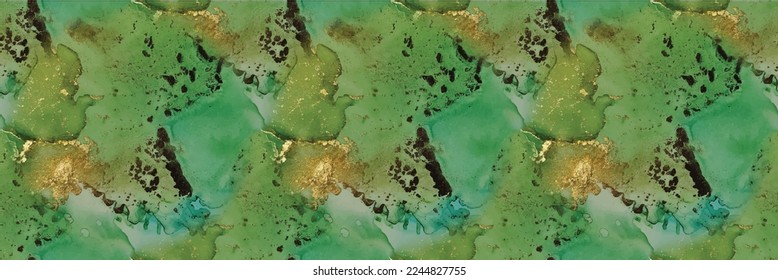 Foil Alcohol Ink Marble. Green Marble Watercolor. Gold Seamless Background. Light Seamless Glitter. Blue Ink Paint. White Water Color Canvas. Vector Abstract Painting. Copper Alcohol Ink Watercolor.