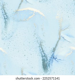 Foil Alcohol Ink Marble. Vector Seamless Background. Gold Art Paint. Blue Marble Background. Foil Seamless Watercolor. Shiny Watercolor Glitter. Golden Vector Ink Canvas. Modern Seamless Ink Painting