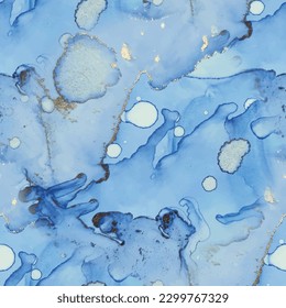 Folie Art Paint. Helle, elegante Aquarellfarbe. Golden Alcohol Ink Canvas. Blauer Marmor Goldmarmor Wasserfarbe. blauer Farbverlauf-Hintergrund. Bronze Vektor Ink Glitter. Luxus-nahtlose Tinte-Vorlage