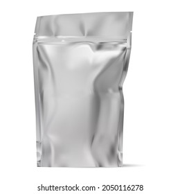 Foil Bag Blank. Silver Plastic Food Pouch Design. Zipper Coffee Packaging, Resealable Aluminum Flex Sachet. Chocolate Powder Packet, Cocoa Or Spice Wrap. Stand Envelope Container