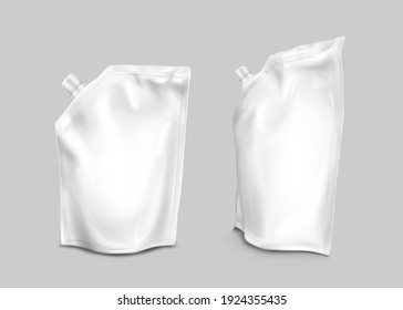 Foil bag with lid on corner, doypack for liquid food isolated on gray background. Vector realistic mockup of blank white pouch, flexible doy pack for milk product, juice or sauce