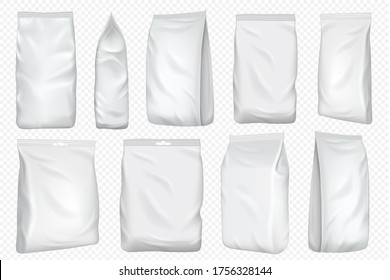 Foil bag. Vector plastic pack and paper pouch template. Blank food foil bag for snack isolated on transparent background. White package mock up for coffee and tea pack design.