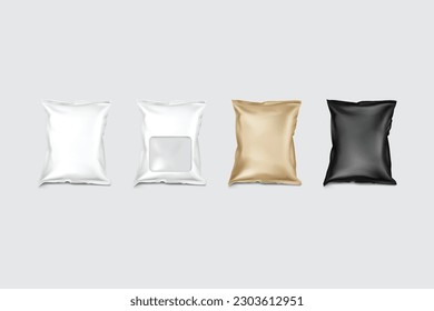 Foil bags with transparent surfaces, front view, package template, and 3D rendering