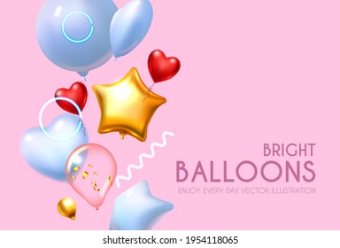 Foil Balloons. Bright event design with flying air balloons and light.