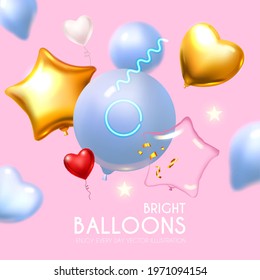 Foil Balloons. Bright event design with flying air balloons and light.