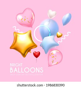 Foil Balloons. Bright event design with flying air balloons and light.