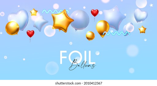 Foil Balloons. Bright event design with flying air balloons and light.