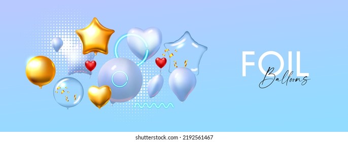 Foil Balloons. Bright event design with flying air balloons and light.