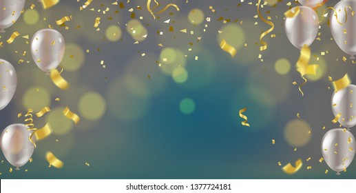 foil balloons with confetti in shining bokeh background. realistic vector illustration 
