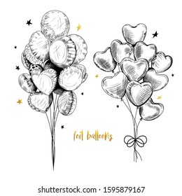 
Foil  Balloons Decoration Set.  For Birthday, Party and Valentines day. Ink sketch. Vector vintage illustration. Clipart. 