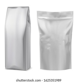 Foil coffee bag mockup. White pouch. 3d package mock up design template. Gray tea sack. Realistic powder beverage paper box. Dry drink silver packet. Snack or biscuit product container