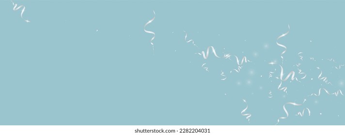 Foil Confetti Fun Vector Panoramic Blue Background. Isolated Ribbon Invitation. Streamer Falling Design. Silver Shiny Plant.