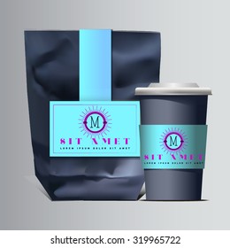 Foil Food Snack pack For Chips, Spices, Coffee, Salt, and other products. Plastic Pack Template for your design and branding. Vector. Realistic packaging with label and typography. Coffee to go
