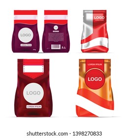 Foil food snack sachet bag packaging for coffee, salt, sugar, pepper, spices, sachet, sweets, chips, cookies colored in national flag of Austria. Made in Austria on white background