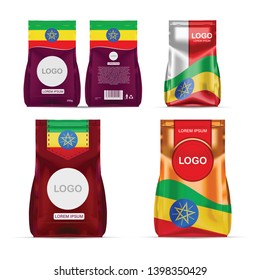 Foil food snack sachet bag packaging for coffee, salt, sugar, pepper, spices, sachet, sweets, chips, cookies colored in national flag of Ethiopia. Made in Ethiopia