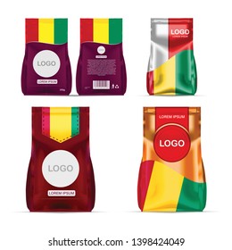 Foil food snack sachet bag packaging for coffee, salt, sugar, pepper, spices, sachet, sweets, chips, cookies colored in national flag of Guinea. Made in Guinea on white background