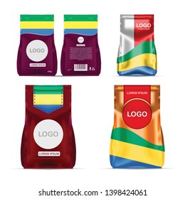 Foil food snack sachet bag packaging for coffee, salt, sugar, pepper, spices, sachet, sweets, chips, cookies colored in national flag of Gabon. Made in Gabon on white background
