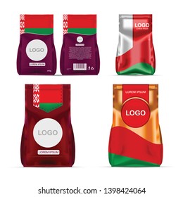 Foil food snack sachet bag packaging for coffee, salt, sugar, pepper, spices, sachet, sweets, chips, cookies colored in national flag of Belarus. Made in Belarus on white background