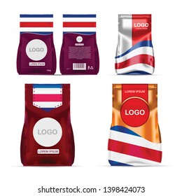 Foil food snack sachet bag packaging for coffee, salt, sugar, pepper, spices, sachet, sweets, chips, cookies colored in national flag of Costa Rica. Made in Costa Rica on white background