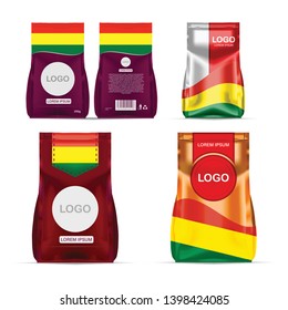 Foil food snack sachet bag packaging for coffee, salt, sugar, pepper, spices, sachet, sweets, chips, cookies colored in national flag of Bolivia. Made in Bolivia on white background