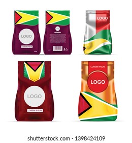 Foil food snack sachet bag packaging for coffee, salt, sugar, pepper, spices, sachet, sweets, chips, cookies colored in national flag of Guyana. Made in Guyana on white background