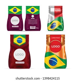 Foil food snack sachet bag packaging for coffee, salt, sugar, pepper, spices, sachet, sweets, chips, cookies colored in national flag of Brazil. Made in Brazil on white background