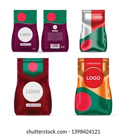 Foil food snack sachet bag packaging for coffee, salt, sugar, pepper, spices, sachet, sweets, chips, cookies colored in national flag of Bangladesh. Made in Bangladesh on white background