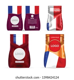 Foil food snack sachet bag packaging for coffee, salt, sugar, pepper, spices, sachet, sweets, chips, cookies colored in national flag of France. Made in France on white background