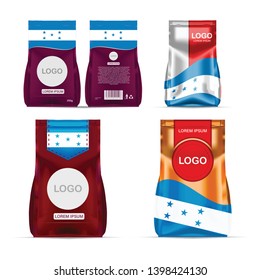 Foil food snack sachet bag packaging for coffee, salt, sugar, pepper, spices, sachet, sweets, chips, cookies colored in national flag of Honduras. Made in Honduras on white background