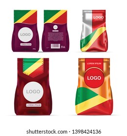 Foil food snack sachet bag packaging for coffee, salt, sugar, pepper, spices, sachet, sweets, chips, cookies colored in national flag of Congo. Made in Congo on white background
