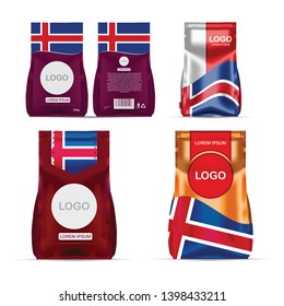 Foil food snack sachet bag packaging for coffee, salt, sugar, pepper, spices, sachet, sweets, chips, cookies colored in national flag of Iceland. Made in Iceland on white background