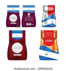 Foil food snack sachet bag packaging for coffee, salt, sugar, pepper, spices, sachet, sweets, chips, cookies colored in national flag of Nicaragua. Made in Nicaragua on white background