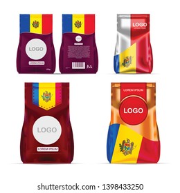 Foil food snack sachet bag packaging for coffee, salt, sugar, pepper, spices, sachet, sweets, chips, cookies colored in national flag of Moldova. Made in Moldova on white background