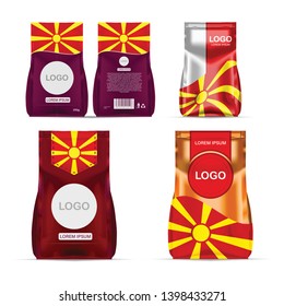 Foil food snack sachet bag packaging for coffee, salt, sugar, pepper, spices, sachet, sweets, chips, cookies colored in national flag of Macedonia. Made in Macedonia on white background