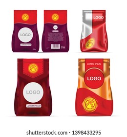 Foil food snack sachet bag packaging for coffee, salt, sugar, pepper, spices, sachet, sweets, chips, cookies colored in national flag of Kyrgyzstan. Made in Kyrgyzstan on white background