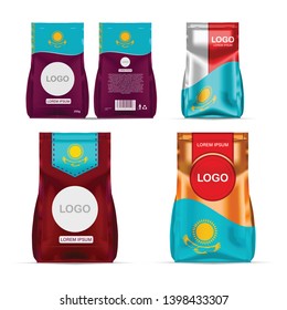 Foil food snack sachet bag packaging for coffee, salt, sugar, pepper, spices, sachet, sweets, chips, cookies colored in national flag of Kazakhstan. Made in Kazakhstan on white background