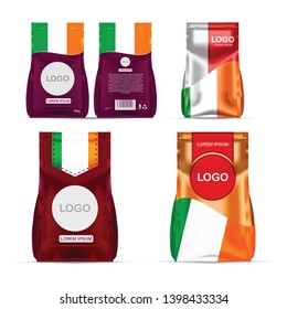Foil food snack sachet bag packaging for coffee, salt, sugar, pepper, spices, sachet, sweets, chips, cookies colored in national flag of Ireland. Made in Ireland on white background