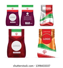 Foil food snack sachet bag packaging for coffee, salt, sugar, pepper, spices, sachet, sweets, chips, cookies colored in national flag of Iran. Made in Iran on white background